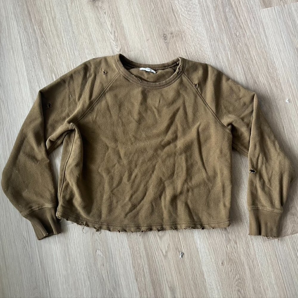 ** Madewell crewneck pullover cropped olive green sweatshirt distressed XS